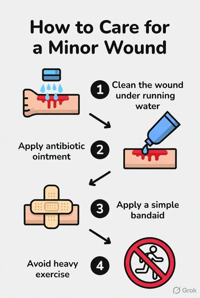 How to care for a minor wound: clean under running water, apply antibiotic ointment, apply a bandaid, avoid heavy exercise